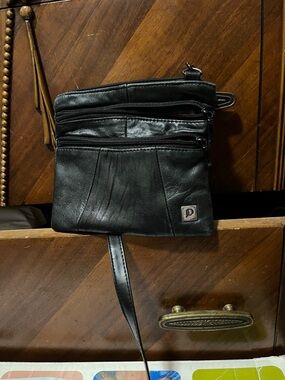 Black Leather Men's Belt Bag with Front Zip Pockets